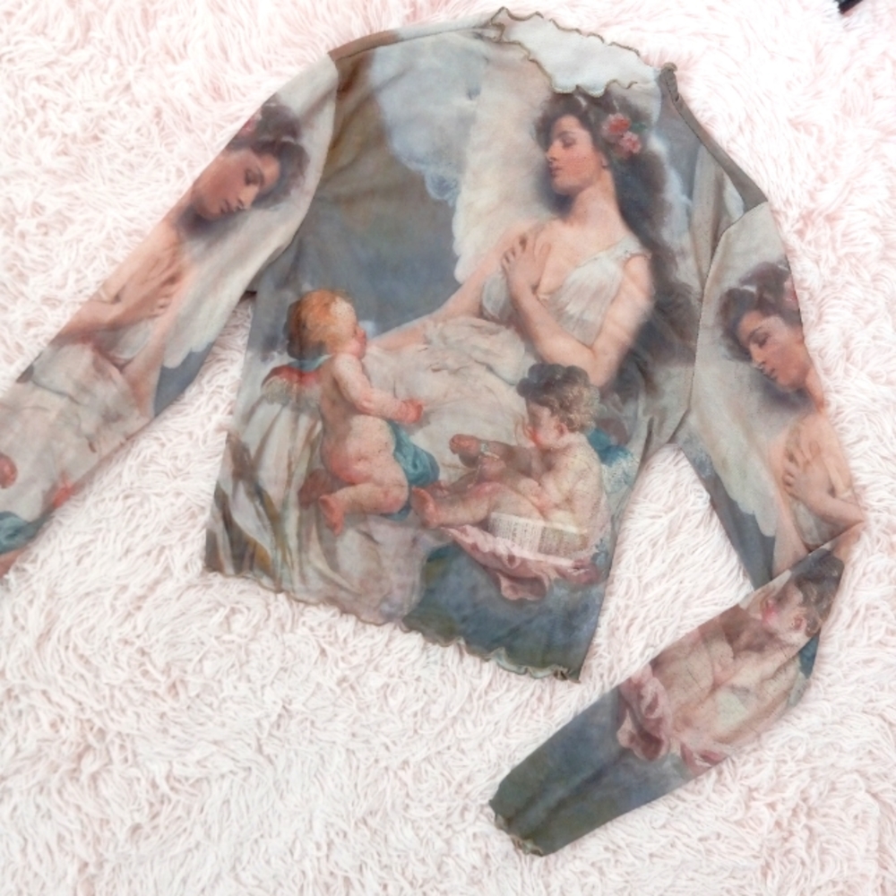 Sheer mesh Renaissance angel art lettuce edged mock-turtleneck crop top! Nwot! - Picture 1 of 10